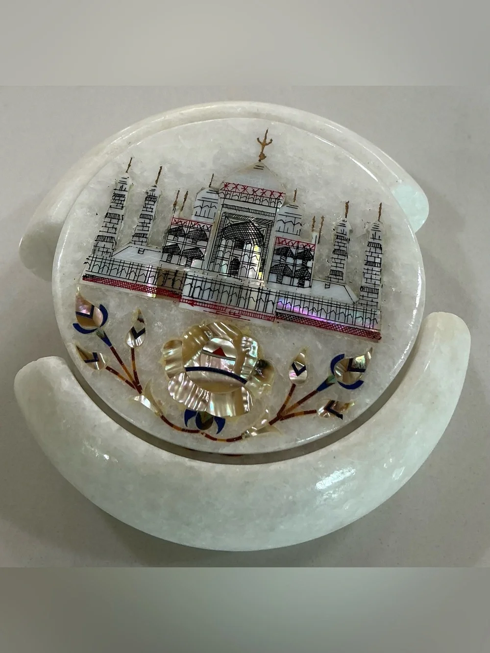 Set 6 Round Marble Tea Coaster Set Taj Mahal Art Gift-able Coaster for Eid 4.5”
